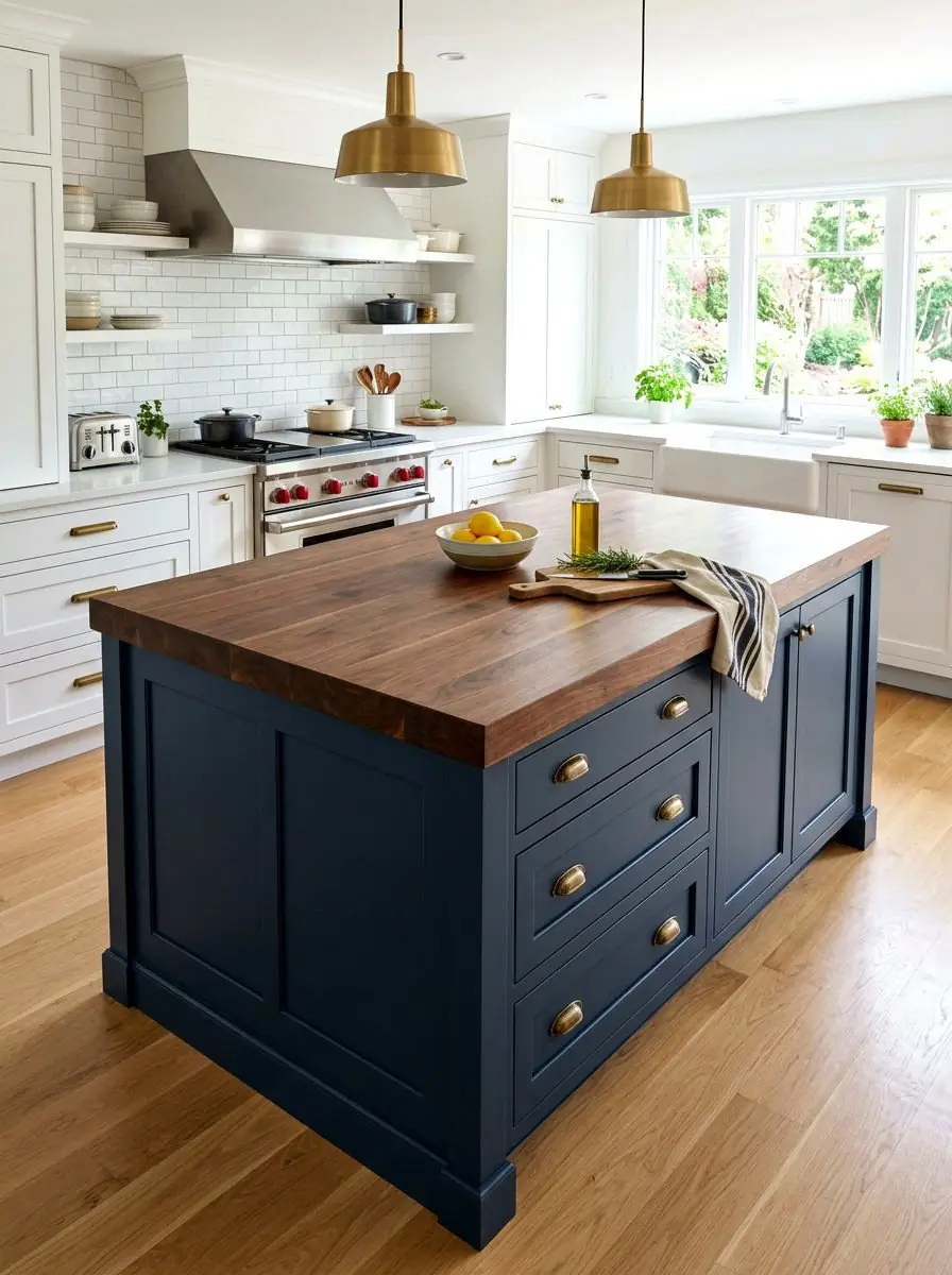 Butcher block island countertop with cabinets below