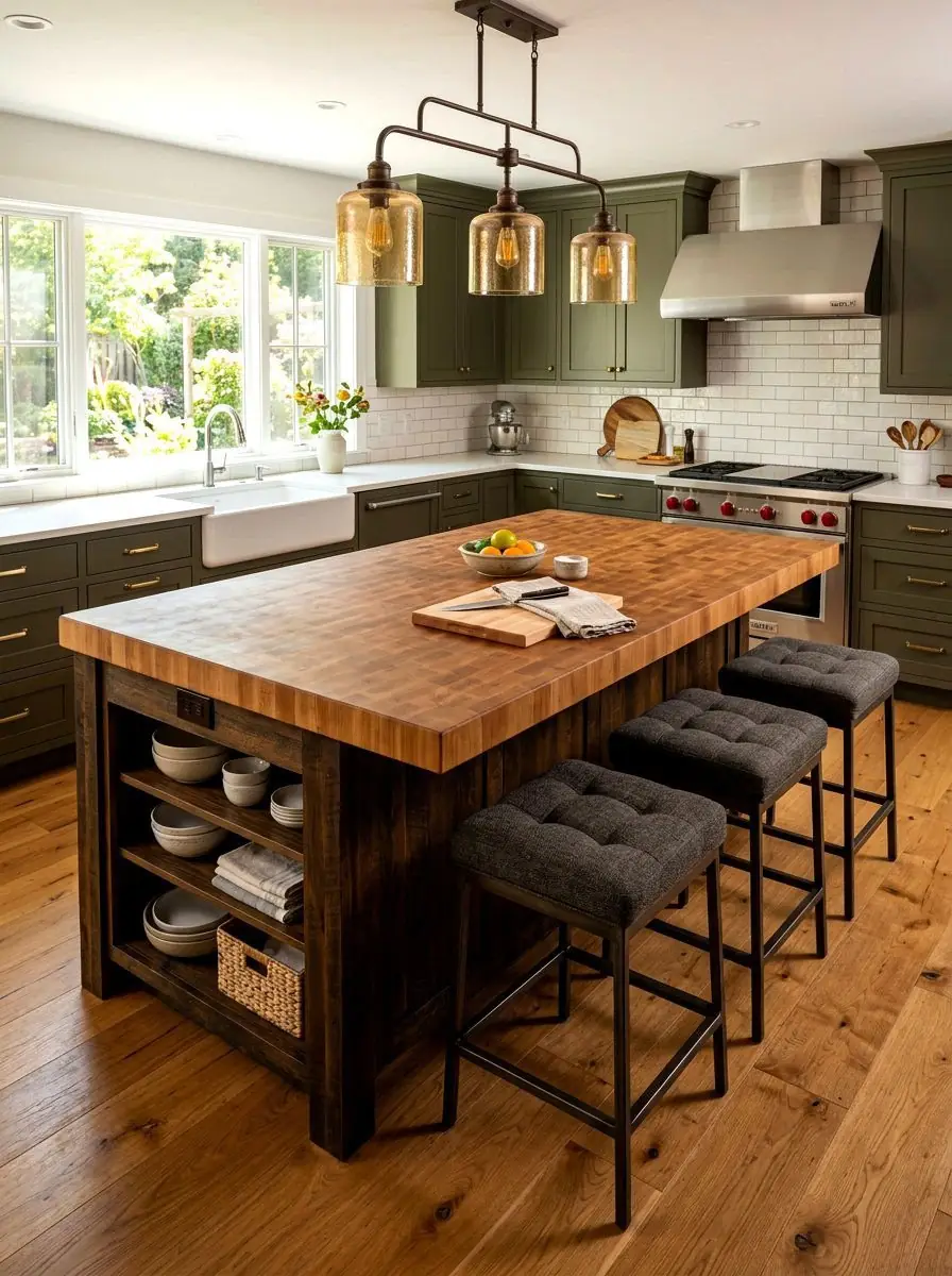 Butcher block wood island countertop in a bright kitchen