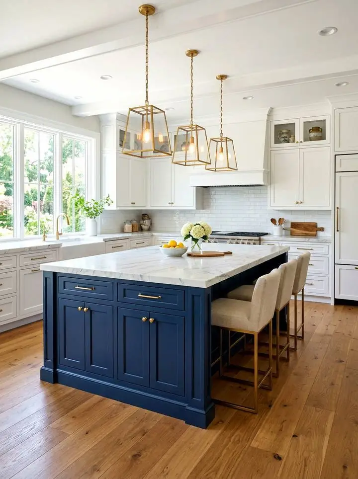 Deep blue kitchen island in a bright kitchen