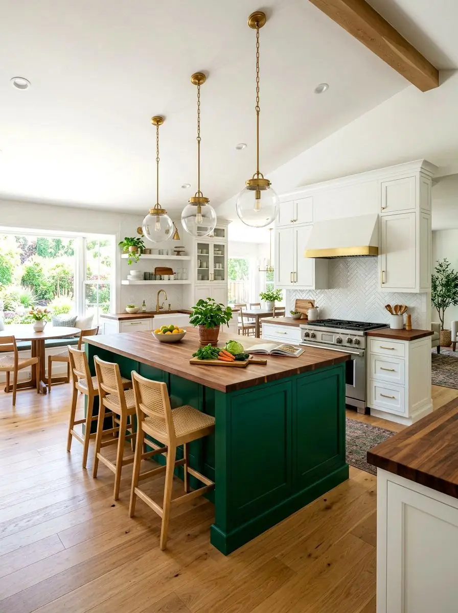 Emerald green kitchen island with seating