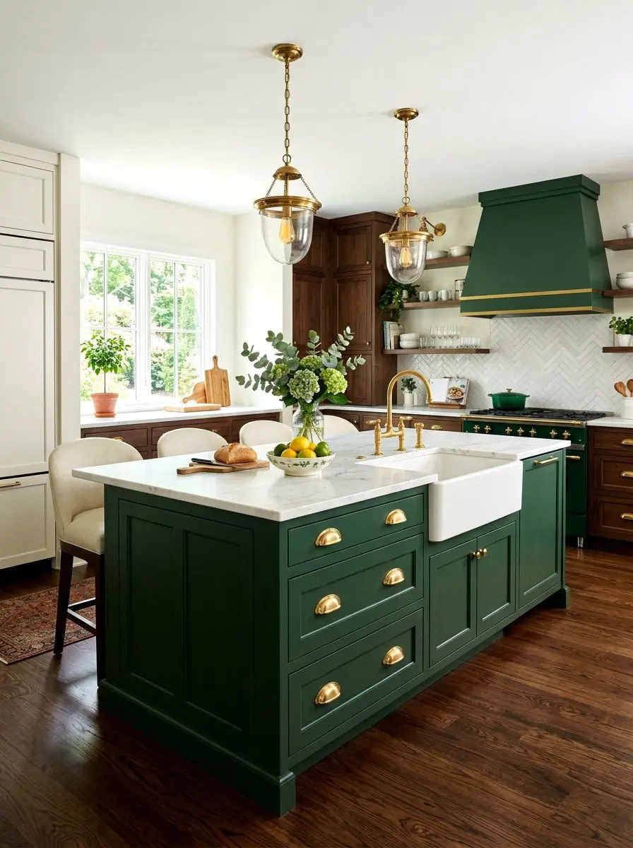 Forest green kitchen island cabinetry