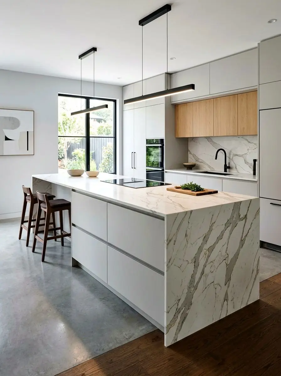 Kitchen island with seating along one side