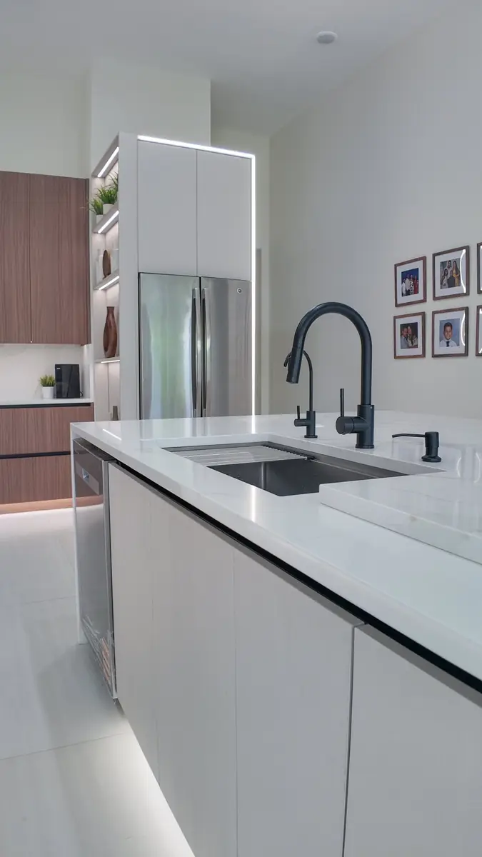 Close view of an island sink installation with modern faucet