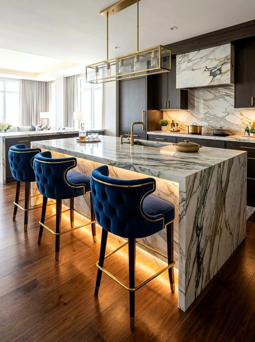 Long kitchen island with stools and pendant lighting