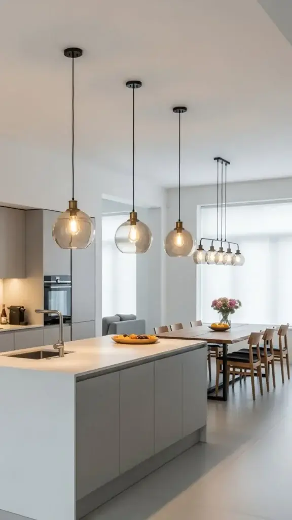 Pendant lights hanging above a kitchen island