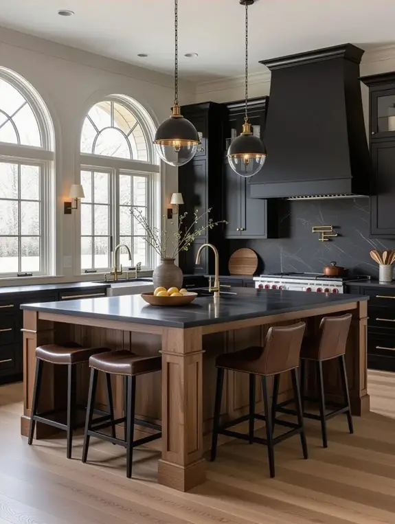 Green painted kitchen island with bar stools